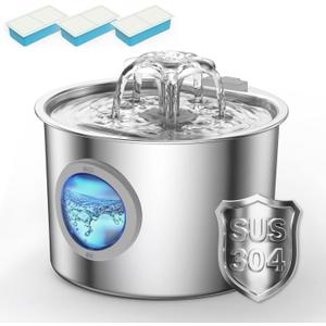 Cat Water Fountain Advanced 304 Stainless Steel 2.2L/74oz with 3-Pack Replaceable Filters, Detachable Tank, Easy to Clean, Automatic Pet Fountain Quiet Cats Water Dispenser, Dogs