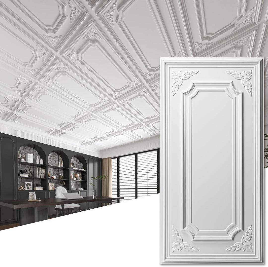 Art3dwallpanels 12 Pack Drop Ceiling Tiles, 2x4 Ft PVC Decorative 3D Wall Panel, Glue Up Ceiling Covering Panels for Basement Kitchen Bathroom, 24x48 Inch, Cover 96 Sq. Ft, White