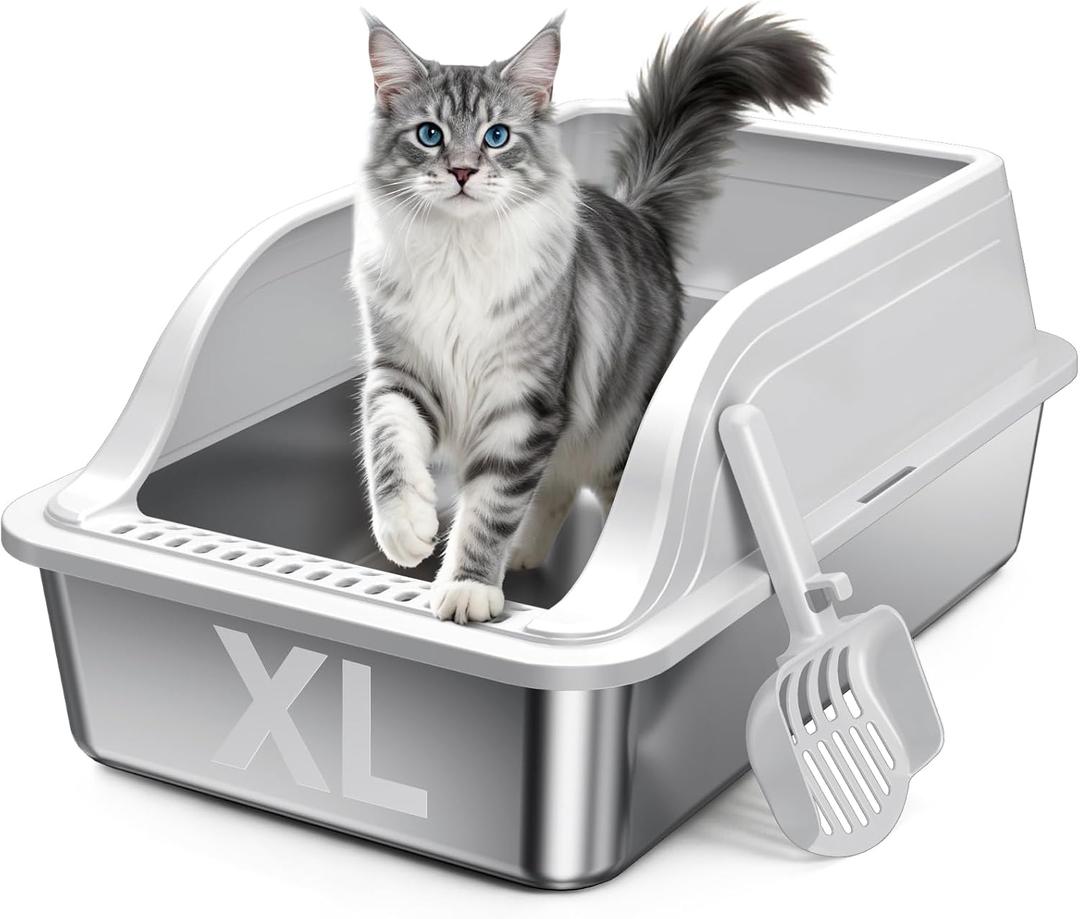 High-Sided Stainless Steel XL Cat Litter Box for Cats