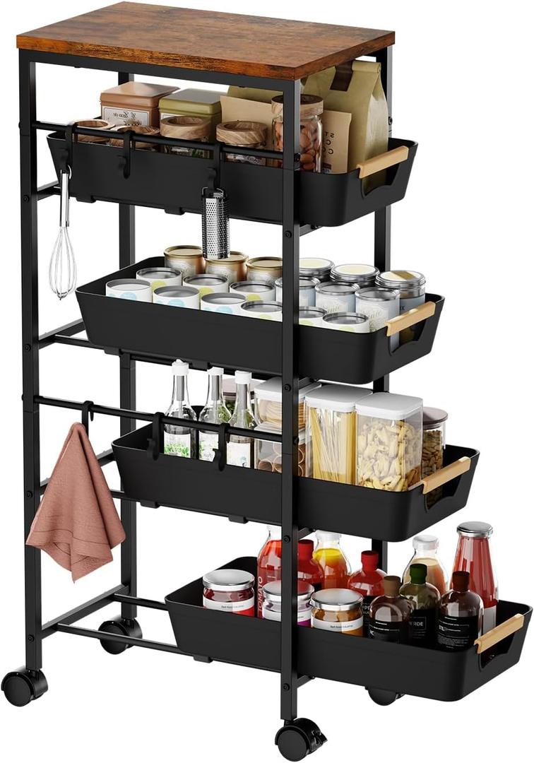 5-Tier Slim Storage Cart, Wooden Top Rolling Kitchen Cart with Pull-Out Baskets & Wheels, Narrow Space Utility Cart Slide Out Organizer for Kitchen, Bathroom, Laundry Room, Black (8.07" W  14.37" D  32.28" H)