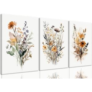 Bwodke Framed Wildflower Wall Art Colorful Botanical Floral Poster Canvas Prints Set of 3 Minimalist Watercolor Flower Pictures Vintage Farmhouse Decor Painting Bedroom Bathroom Living Room 16"x24"