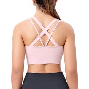 Sports Bras for Women, Criss-Cross Back, Adjustable Wire-Free Medium Support Workout Bra with Removable Cups (Large, Pink)