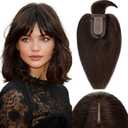 Rich Choices 100% Real Human Hair Topper with Bangs - Real Remy Hair Topper for Women Thinning on Top, 5.1x2.7 Inch Breathable Invisible Clip In Silk Base Hair Piece 10 Inch #2 Dark Brown