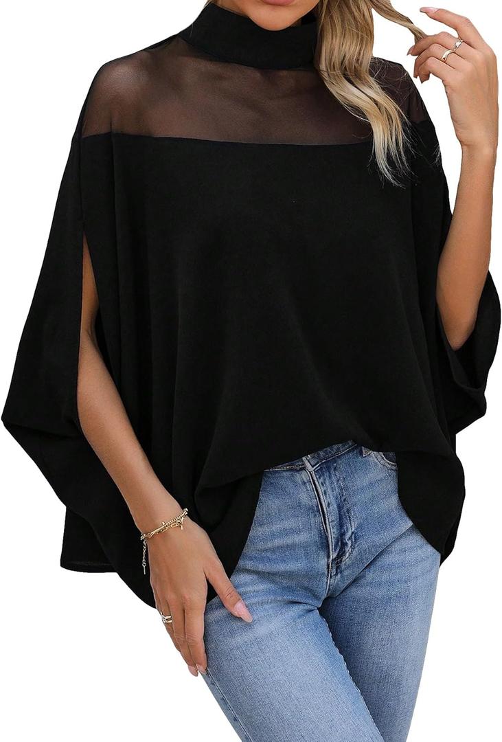 Verdusa Women's Contrast Mesh Half Cape Sleeve Blouse Loose Fit Dressy Tops Business Casual Outfits (X-Large, Black)