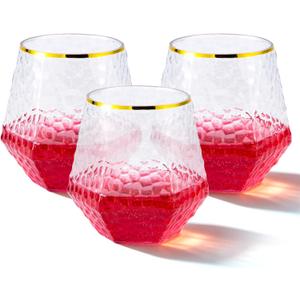 Goodluck 48 PCS Diamond Stemless Plastic Wine Glasses, 12 Oz Disposable Fancy Plastic Cups, Suitable for Weddings, Birthday Parties, Family Gatherings, Bars, etc Hammered Gold rimmed cups