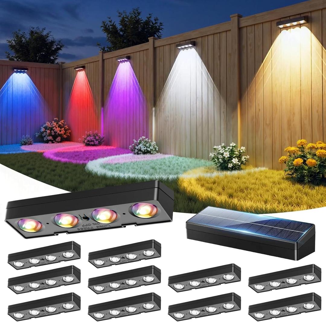 JOFIOS Fence Lights Solar Powered 12 Pack, Warm White, Cool White and RGB Color Glow LED Solar Lights Outdoor, IP65 Waterproof Solar Fence Lights for Patio, Backyard, Railing, Deck and Wall (Black)