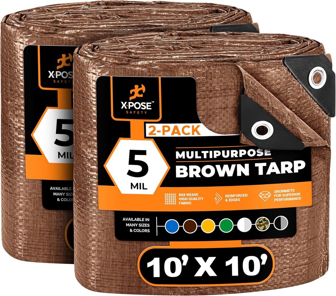 Multipurpose Protective Cover Brown Poly Tarp 10' x 10' (2-Pack) - Durable, Water Resistant, Weather Resistant - 5 Mil Thick Polyethylene - by Xpose Safety
