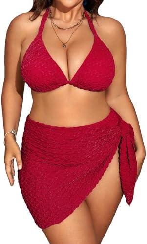 MakeMeChic Women's Plus Size 3 Piece Bikini Sets Tie Backless Halter Triangle Swimsuit Bathing Suit Cover Up Beach Skirts 2XL MakeMeChic Women's Plus Size 3 Piece Bikini Sets Tie Backless Halter Triangle Swimsuit Bathing Suit Cover Up Beach Skirts 2XL