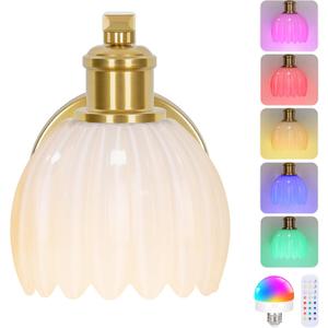 VerRon Rechargeable Battery Operated Wall Sconce with Milky White Glass Lampshade, Wireless Wall Scone Decor with Remote Control, 15 Colors Gold Wall Light for Bedside Hallway Bedroom Doorway