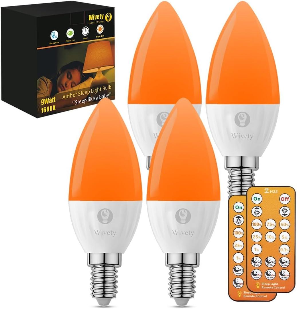E12 Amber Sleep Light Bulbs 1600K with Remote Control, Candelabra Blue Light Blocking Light Bulbs, 5W for Sleep Therapy, Baby Nursery, Bedroom (4 Packs)