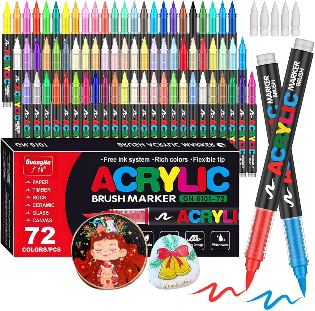 Amamao 72 Colors Acrylic Paint Markers, Soft Brush Tip Pens and Markers, Acrylic Paint Pens for Wood, Stone, Canvas, Glass, Fabric, Egg, Rock Painting and DIY Crafts Art Supplies
