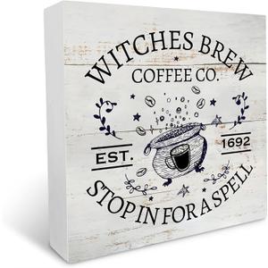 Rustic Witches Brew Coffee Wood Box Sign Fall Coffee Wooden Box Sign Halloween Sign Farmhouse Home Desk Shelf Decor 5" x 5",24nv21naA1773