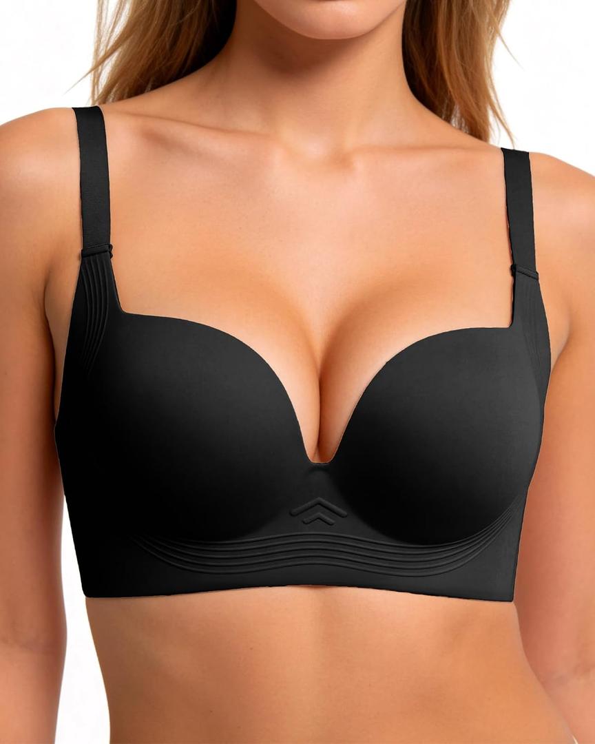 Womens Push Up Jelly Bras Wireless Balconette Bra Supportive Seamless Bralettes Everyday Comfort Tshirt Bra (Black, M)