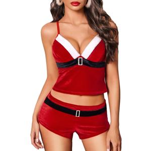 Avidlove Women Sexy Santa Lingerie Set Christmas Costume Claus Outfit Velvet Cami and Shorts Pajamas (Medium)