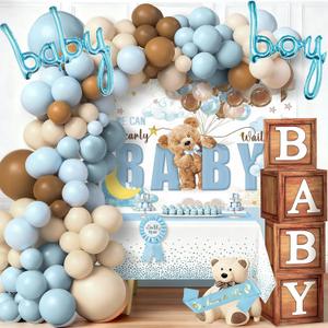 140pcs Teddy Bear Baby Boy Baby Shower Decorations We Can Bearly Wait Party Dusty Blue Brown Balloon Arch | Tacblecloth | Backdrop | 4PCS Baby Box | Baby Boy Foil Balloon | Dad Mom Sash Pin