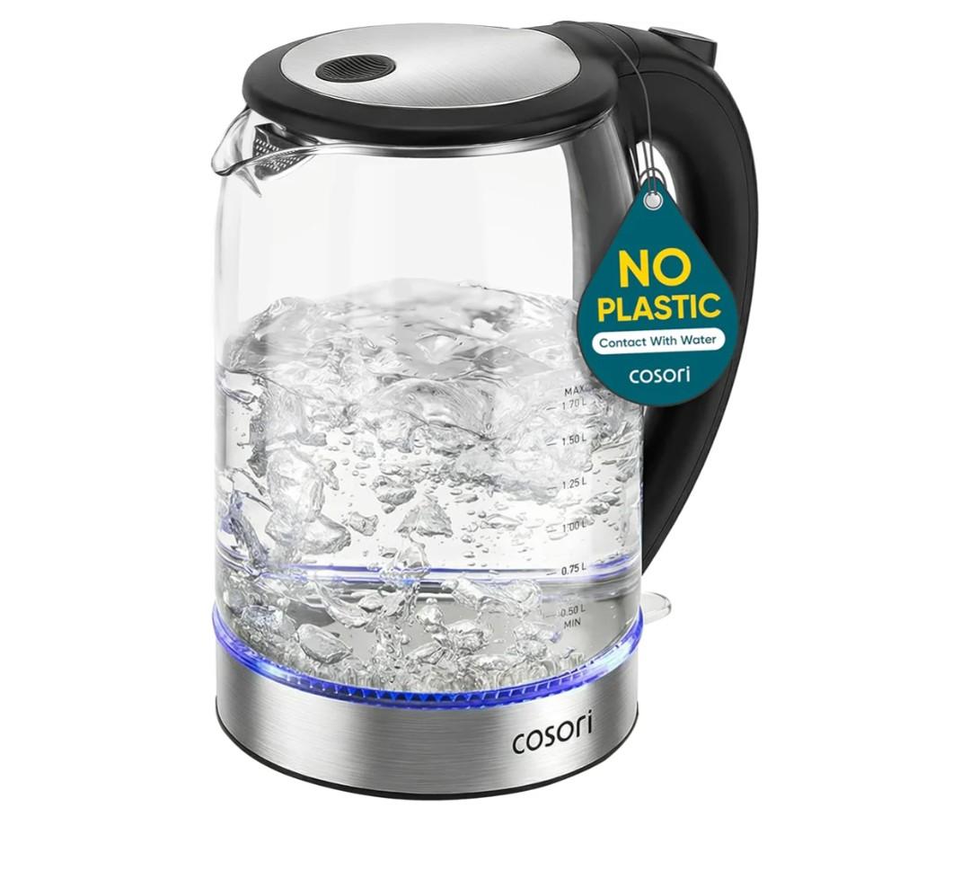 Cosori Electric Kettle, No Plastic Contact With Water, Wide Mouth For Easy Cleaning, Auto Shut Off, 1.7L Tea Kettle & Hot Water Boiler, Water Heater & Teapot, Borosilicate Glass, Black, 1500W