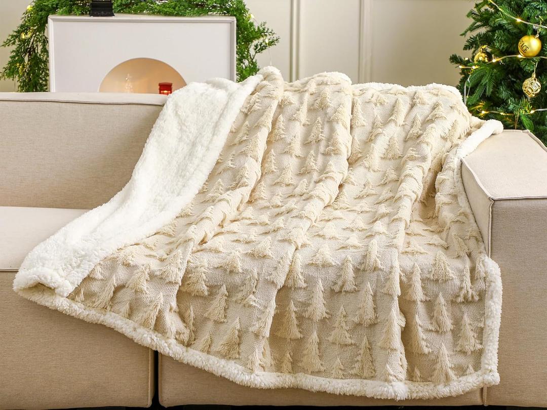 Christmas Sherpa Throw Blanket 3D Christmas Tree Snowflake Reindeer Double-Sided Thick Soft Plush Fluffy Decoration for Couch, Bed, Sofa Holiday Party Gifts, 50" x 60" (Beige, Xmas Tree)