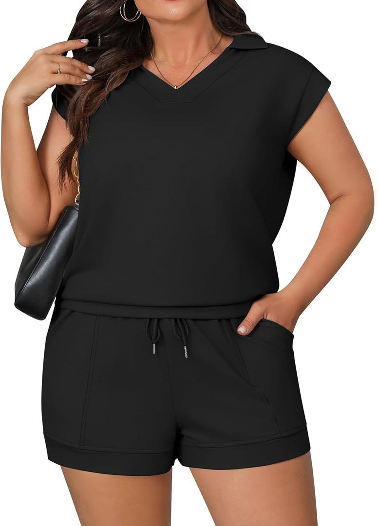 Huukeay Women's 2 Piece Plus Size Loungewear Short Set, Summer Casual Outfit Cap Sleeve T-shirt and Short Trendy Matching Set (XXL)