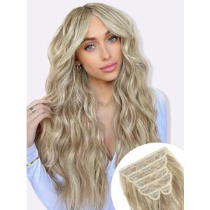ALXNAN Clip in Hair Extension6PCS Beach Blonde Long Wavy Hair Extension 20 Inch Thick Soft Synthetic Hair Double Weft Hairpieces for Women