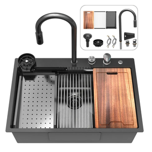 33 inch Waterfall Kitchen Sink Metal Black -Feibus 33x22x10 Drop In Sink with Faucet Combo Double Step Workstation 16 Gauge Multifunctional Stainless Steel Single Bowl