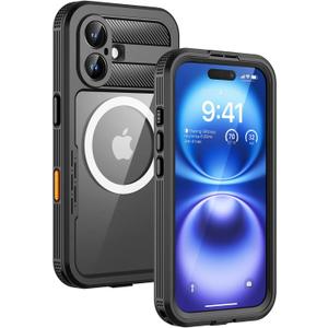 Lanhiem Magnetic for iPhone 16 Case, IP68 Waterproof Dustproof Case, [Compatible with Magsafe] [Built-in Screen Protector] Full Body Heavy Duty Rugged Phone Cover 6.1 inch, Black/Clear
