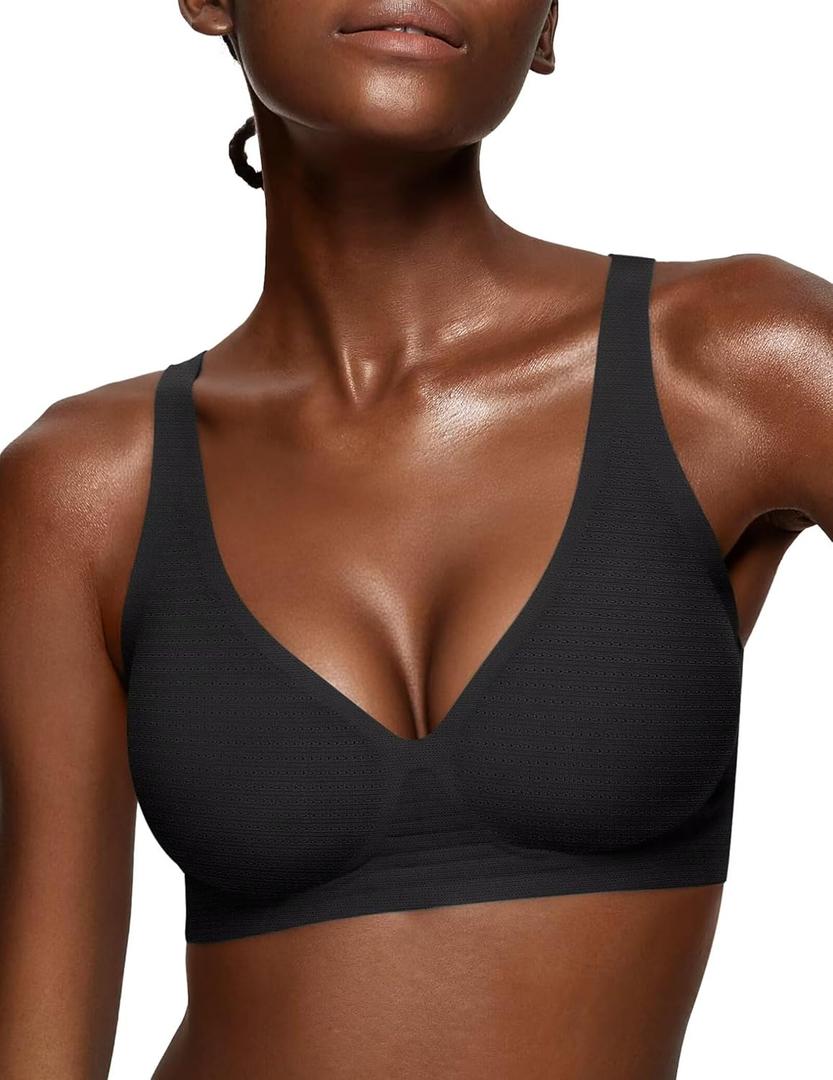 Vertvie Jelly Wireless Bras for Women Push Up Plunge Seamless T-Shirt Bras No Underwire Supportive Full Coverage Bralettes (X-Large, Airy Black)