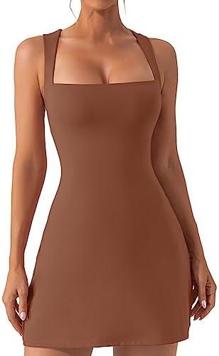 QINSEN Women's Square Neck Bodice Dress Sleeveless Tank Top Stretch Flare Mini Dresses, Medium, Carob Brown