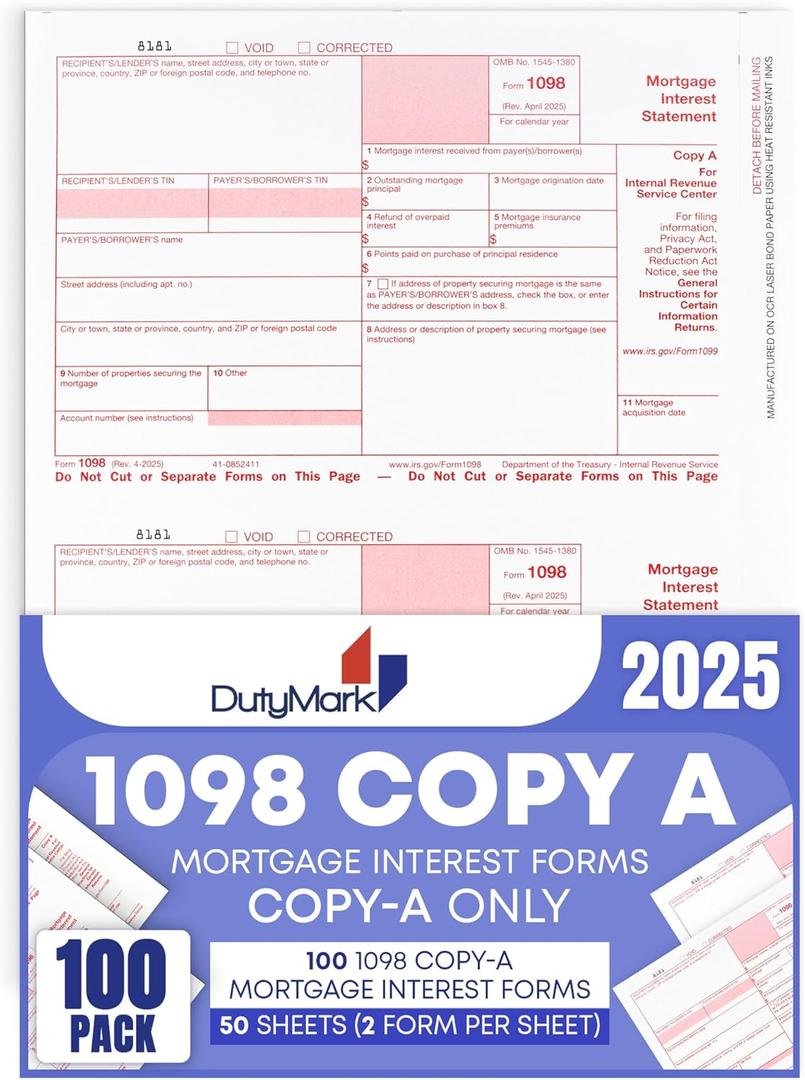 1098 Copy A Mortgage Interest Federal Laser Tax Form Set for 100 Recipients, 50 Sheets 2025