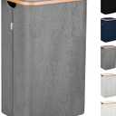 LONBET Laundry Basket with Lid, Made from Breathable Fabric | Aesthetic Clothes Hampers for Laundry with Side Handles & Sturdy Bamboo Frame (26 Gallons - Single, Gray)