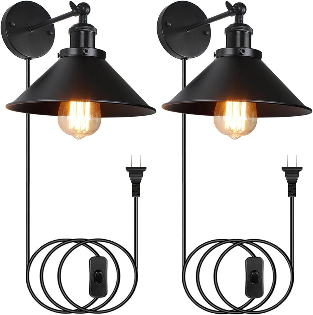 ASCELINA Plug Wall Sconce, Metal Wall Sconce Plug in, Industrial Vintage Wall Lamp Fixture, Plug in Wall Light with On Off Switch E26 Base for Restaurants Headboard Bedroom 2 Pack, Black