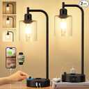 Industrial Table Lamps for Bedrooms Set of 2 - Fully Dimmable Bedside Lamps with USB A and C Ports and Outlet, Black Nightstand Lamps with Glass Shade for Living Room, Desk Lamps for Office Reading