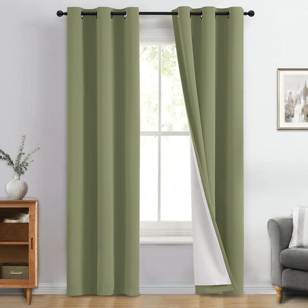 Yakamok 100% Blackout Curtains for Living Room, Thermal Insulated Blackout Curtains 84 inch Length Heat and Full Light Blocking Curtains Window Drapes for Bedroom with White Backing, Sage, W40 x L84