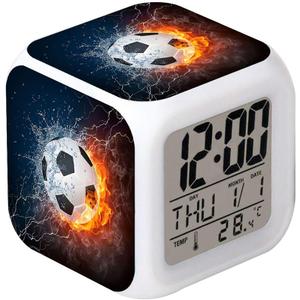 Led Alarm Clock Football Burning Sport Design Creative Desk Table Clock Glowing Electronic Colorful Digital Alarm Clock for Unisex Adults Kids Toy Birthday Present