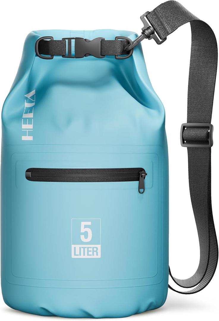 HEETA Waterproof Dry Bag with Front Zippered Pocket for Women Men, 5L Roll Top Lightweight Dry Storage Bag Backpack for Travel, Kayaking, Boating, Rafting, Camping, Hiking & Beach (Blue)