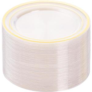 BESTVIP 100PCS Clear Plastic Plates, 10.25 Inch Disposable Dinner Plate Party with Gold Rim, Heavy Duty Disposable Plastic Plates for Party, Wedding and Birthday, Christmas, Thanksgiving