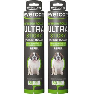 Evercare 10 Mega All-Purpose Pet Hair Lint Roller Refills, 2 Pack, 50 Sheets Each Sticky Roller for Pet Hair, Cat & Dog Hair Remover, Lint Remover, Pet Hair Remover for Furniture, Clothing & Cars