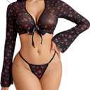 Avidlove Lingerie Sets for Women Sexy Going Out Sheer Top Long Sleeve Mesh Crop Tops See Through Bell Sleeves Top (XX-Large, A Cherry Print)