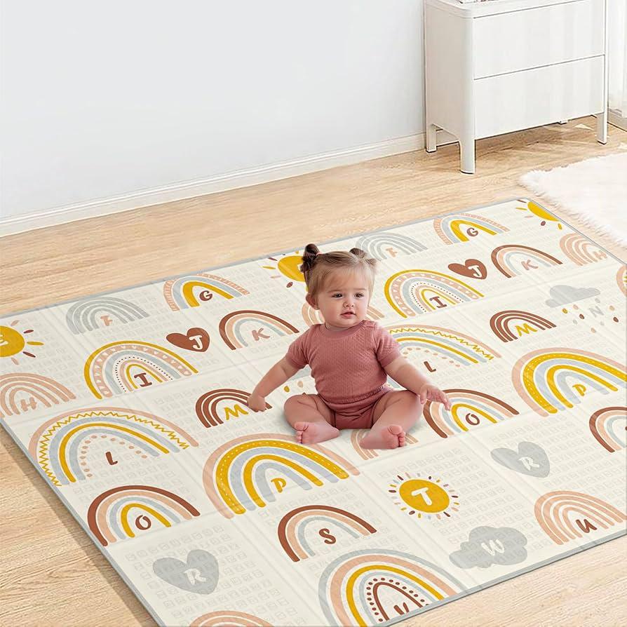Blissful Diary Baby Play Mats for Floor, Reversible Soft Foam Playmat for Babies and Toddlers, Foldable Waterproof Baby Crawling Mat with Edge Reinforcement for Indoor & Outdoor, 78''x50''