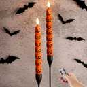 Orange Pumpkin Halloween Flameless Taper Candles with Remote, Flickering Spooky LED Wax Candlesticks Battery Operated, Set of 2
