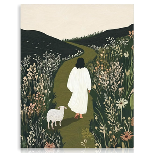 Dazzlewall Sage Green Christian Wall Art Decor, Jesus & Lamb Walking in Field Artwork Print Religious Canvas Painting for Church Bedroom Prayer Room, 12x16 in Unframed