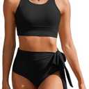 AI'MAGE Womens High Waisted Bikini Set Tummy Control 2 Piece Bathing Suit Modest Racerback Swimsuit 2025 with Tie Side Knot Size L