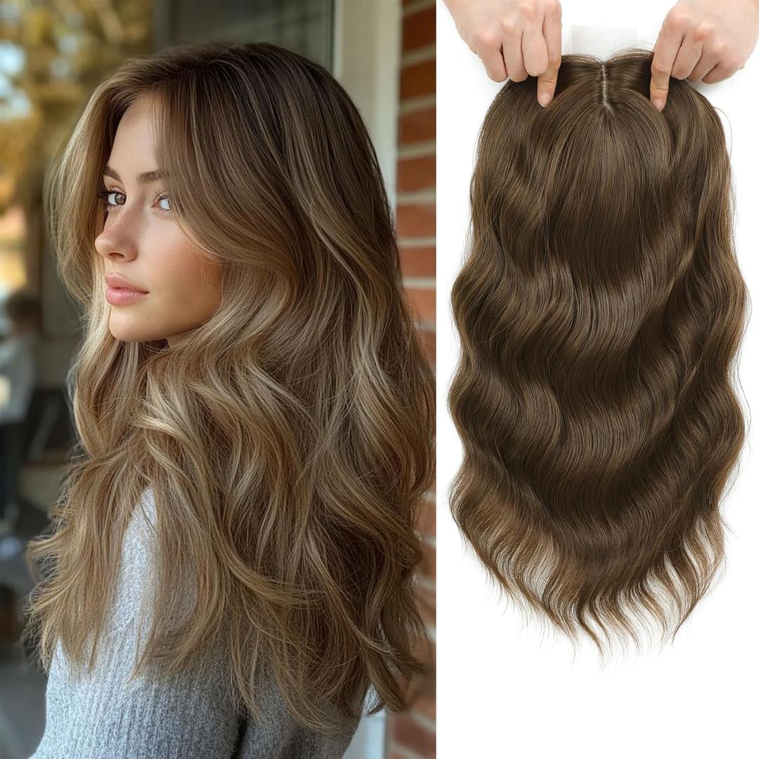 Hair Topper, 3D Hair Toppers for Women, Middle Part Clip in Bangs 16 Inch Synthetic Curly Wavy for Women Daily.