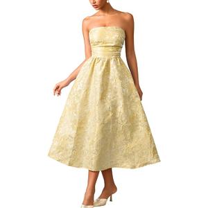 ShawGobow Strapless Corset Dress,Jacquard Formal Midi Dresses for Women,Wedding Guest Cocktail Party Outfits Pastel Yellow XXLarge