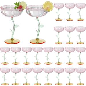 24 Pcs Flower Detachable Martini Glasses, 7oz Plastic Cocktail Glasses, Flower Edge Wavy Mimosa Champagne Glass Coupe Unbreakable Glassware for Wine Wedding Valentine Party(Pink), Capacity: 7oz