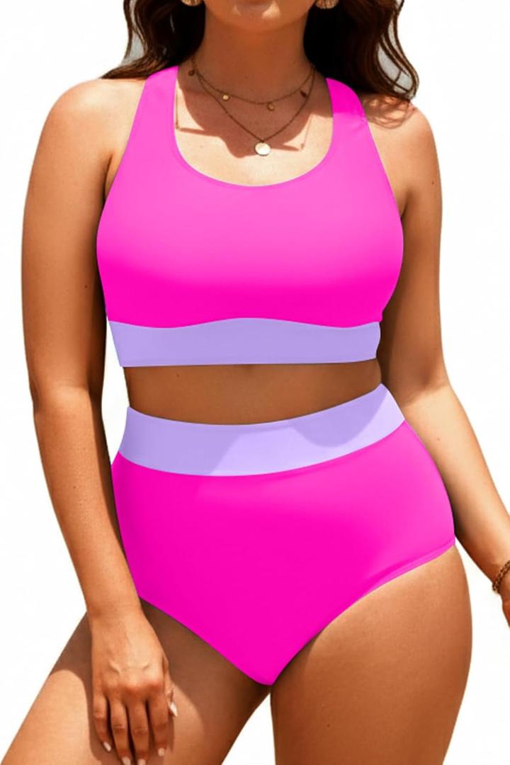 Aqua Eve Plus Size Two Piece High Waisted Bikini Swimsuits Scoop Neck Bikini Set Sporty Bathing Suits Hot Pink 18W