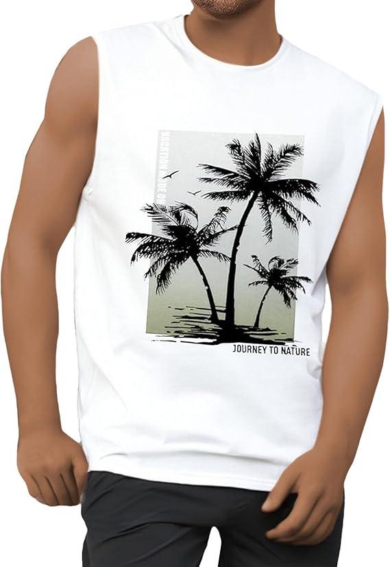Mens Tank Tops Summer Beach Vacation Sleeveless Shirts Casual Palm Graphic Muscle Gym Workout Tank Top, 2XL