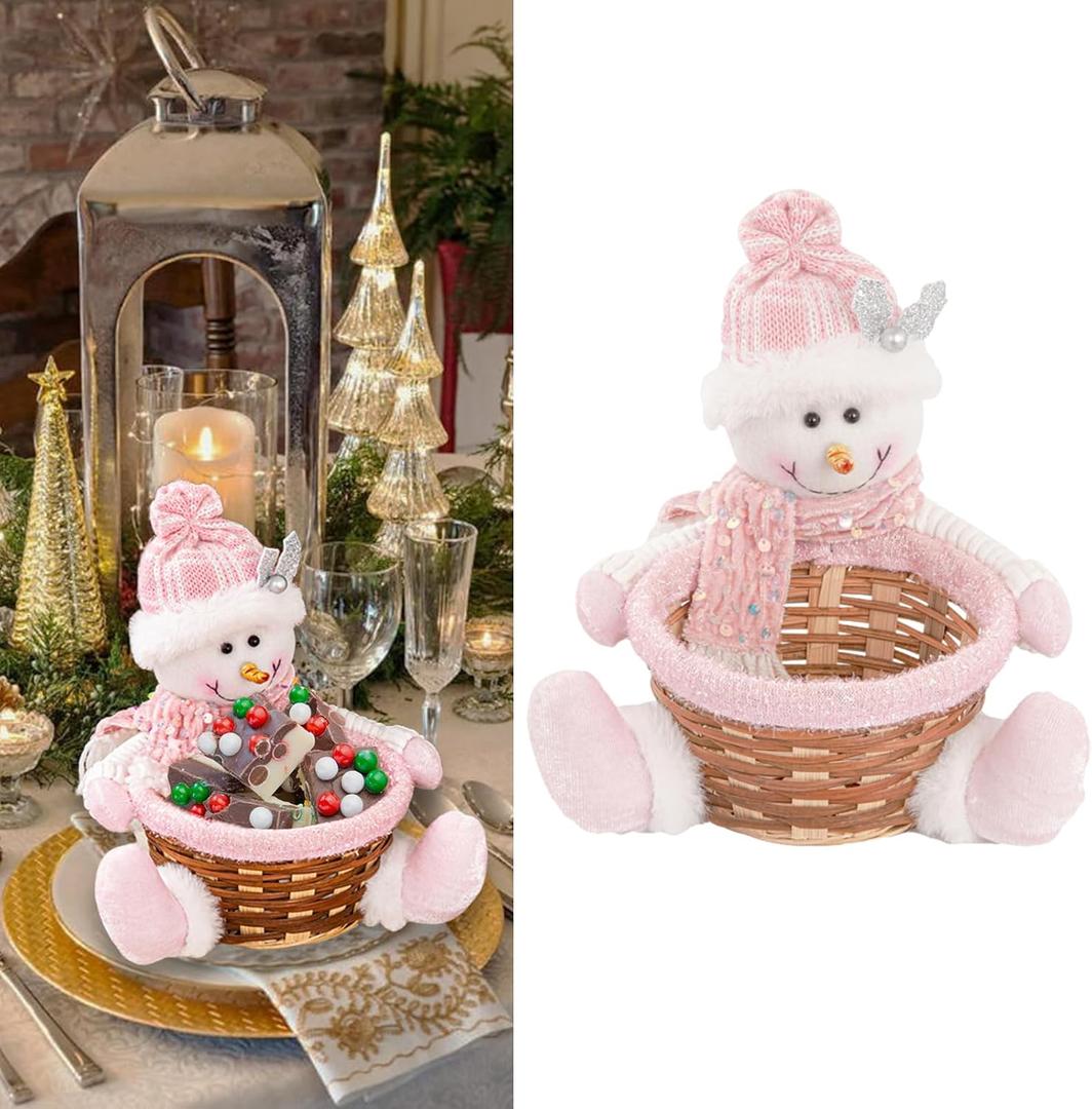 Christmas Candy Cookies Storage Basket Snack Chocolate Woven Holder Basket Xmas Candy Dish Dessert Bowl for Winter Holiday Party Decoration (Pink Snowman)