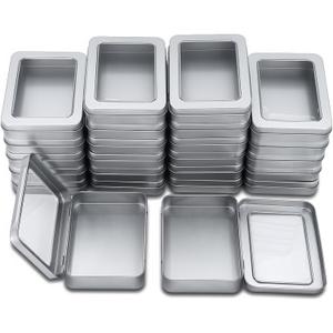 Goodma 24 Pieces Rectangle Metal Tins Containers with Hinged Window Lids Mini Storage Organizer Set for Home Kitchen, Office and School Supplies, 4.5 x 3.3 x 0.9 inch (Silver)