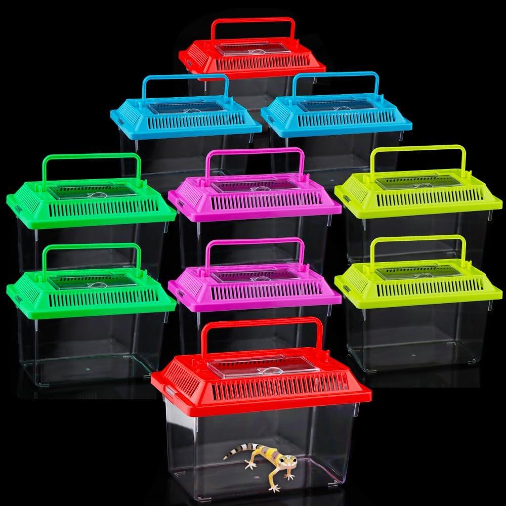 10Pcs Plastic Reptile Terrariums Carrier Cage, Tarantula Enclosure Snake Breeding Box Hatching Container Transparent Fish Tank Turtle Aquarium with Random Color Lid for Lizards, L(8.7" x 5.5" x 5.9")