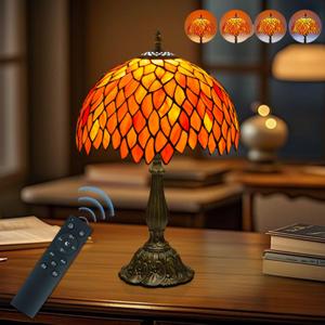 Crefotu 12 Inch Tiffany Table Lamps with Remote Control, Stained Glass Lamp with Stepless Dimmable Colors Temperature & Brightness for Living Room Bedroom Office, 9W Bulb Included (Orange)